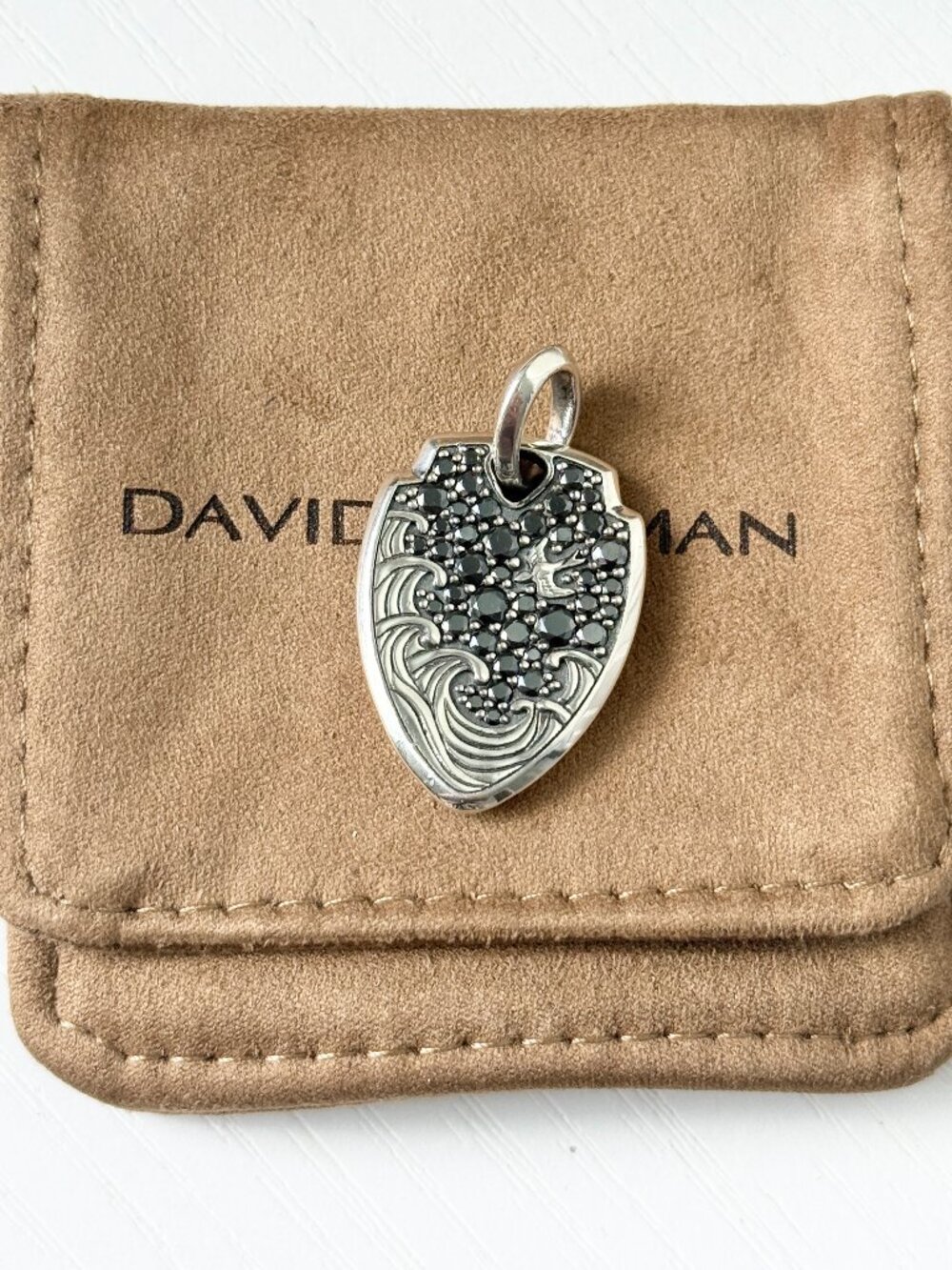 David Yurman Sterling Silver Men's Waves Shield Pendant with Pavé Black Diamonds